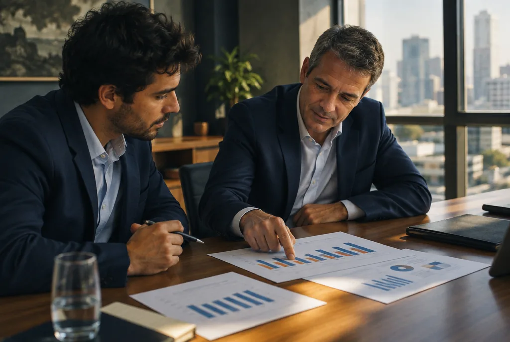 Consultor e diretor analisando gráficos impressos em uma reunião mensal