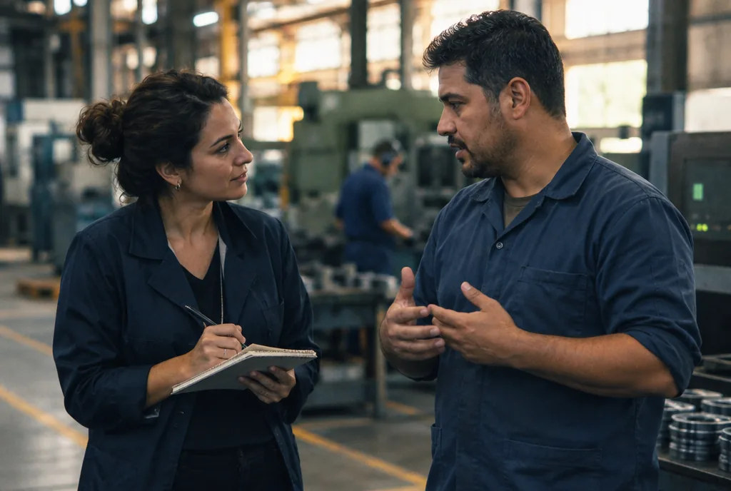 Consultora entrevistando um gerente de produção no chão de fábrica