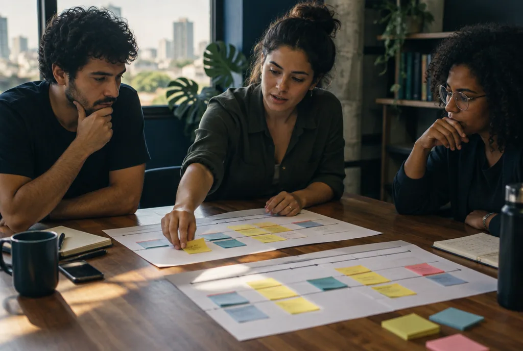 Três pessoas organizando prioridades com folhas e notas adesivas sobre a mesa